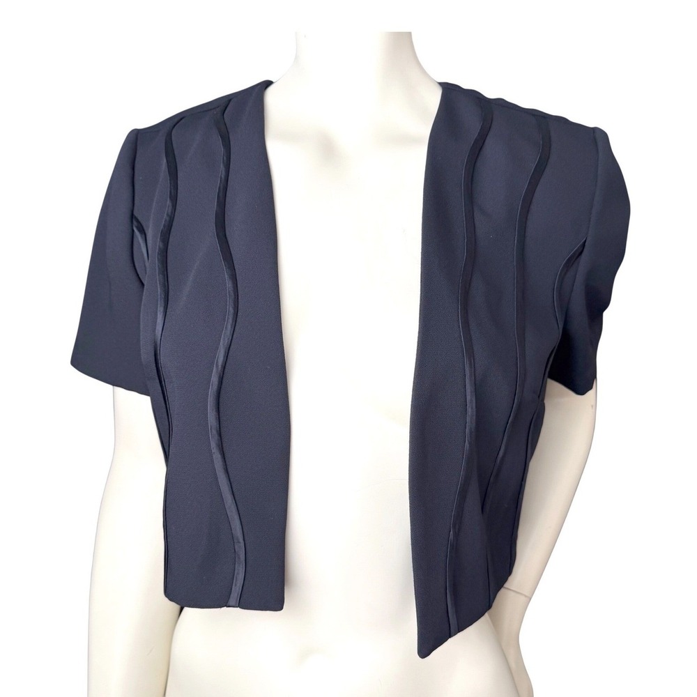 Sophisticate Navy Blue Cropped Bolero Jacket Wavy Ribbon Trim Vintage 90s Sz 10